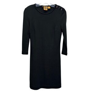 Tory Burch Black Knit Sheath Dress Size 4 Wool Blend Button Shoulder Long Sleeve